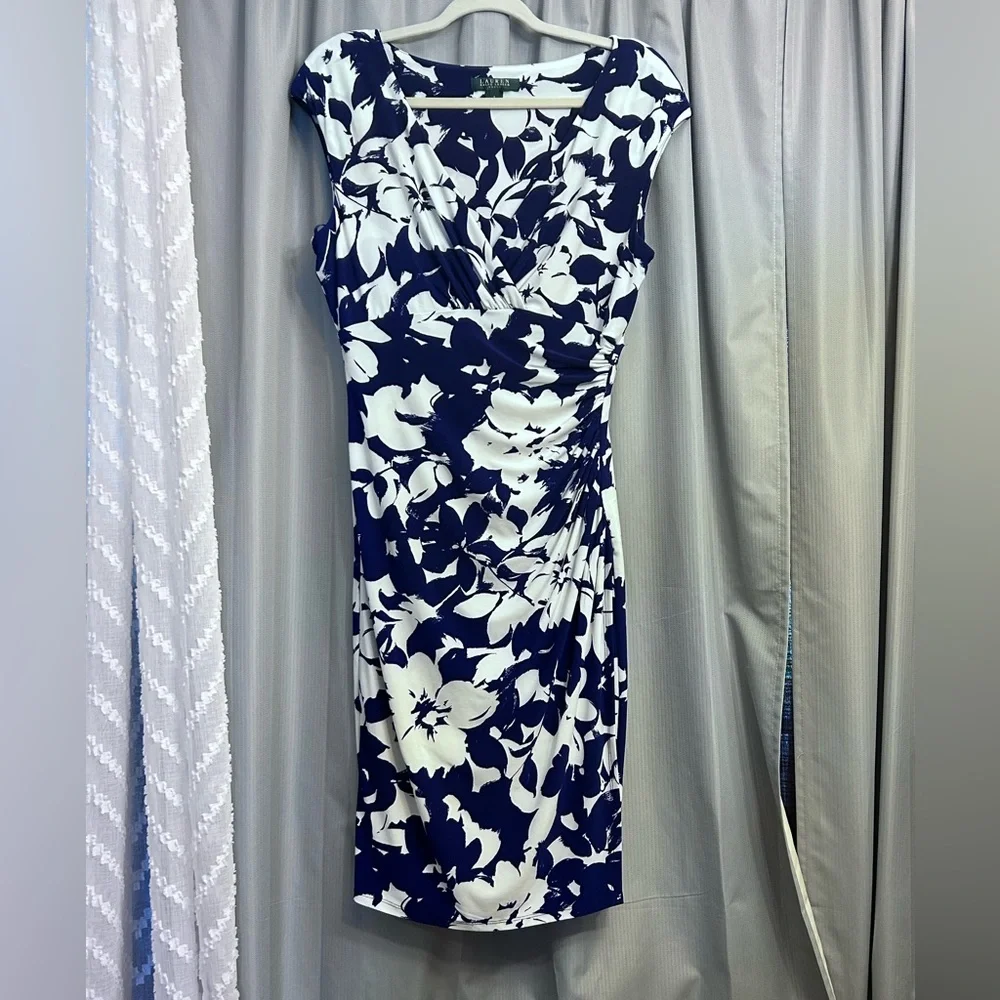 Lauren Ralph Lauren floral Dress blue white ruched waist 8 EUC CHURCH DINNER